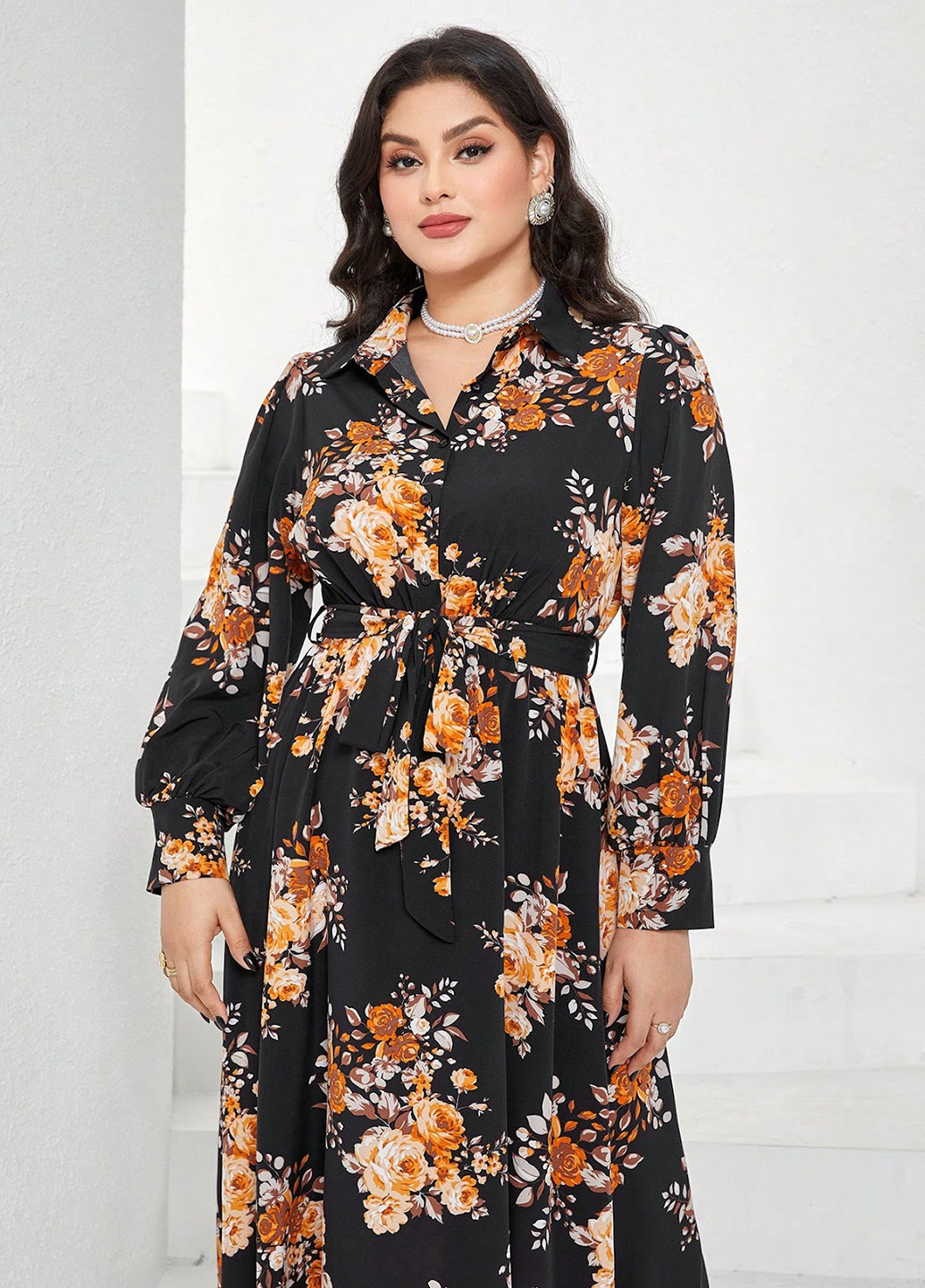Чорна кежуал сукня сукня-сорочка, кльош SHEIN троянди