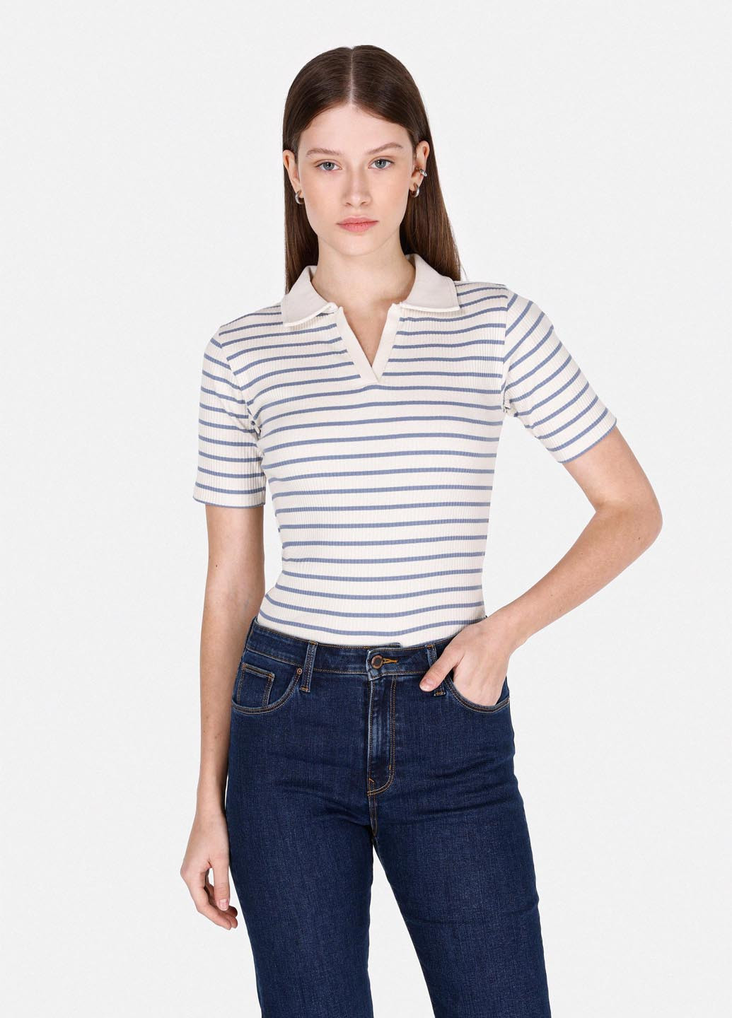 Голубой женская футболка-поло Colin's в полоску