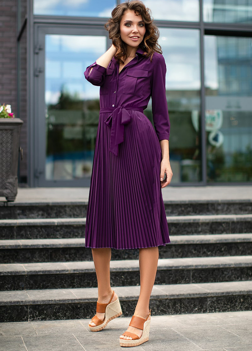 Лиловое кэжуал платье из плиссированного шифона темно-лилового цвета SL.IRA однотонное