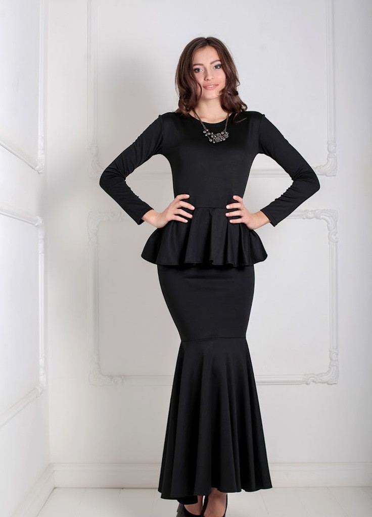 Чорна кежуал елегантне вечірнє плаття-рибка з довгим рукавом і баскою на талії laura Podium однотонна