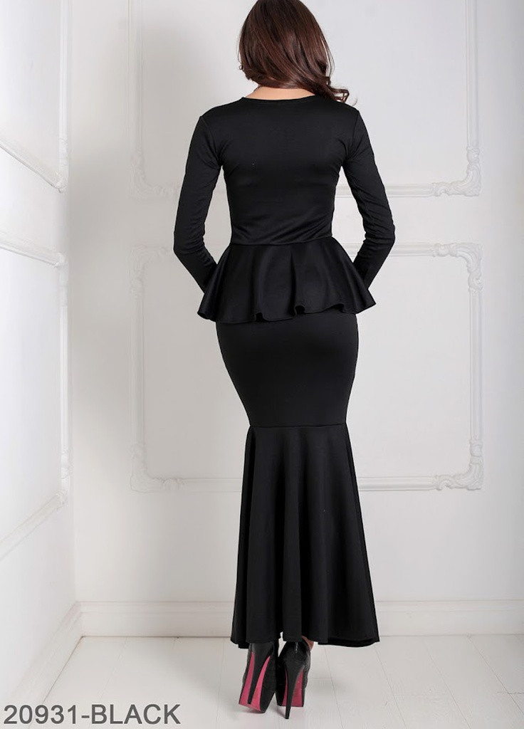 Чорна кежуал елегантне вечірнє плаття-рибка з довгим рукавом і баскою на талії laura Podium однотонна