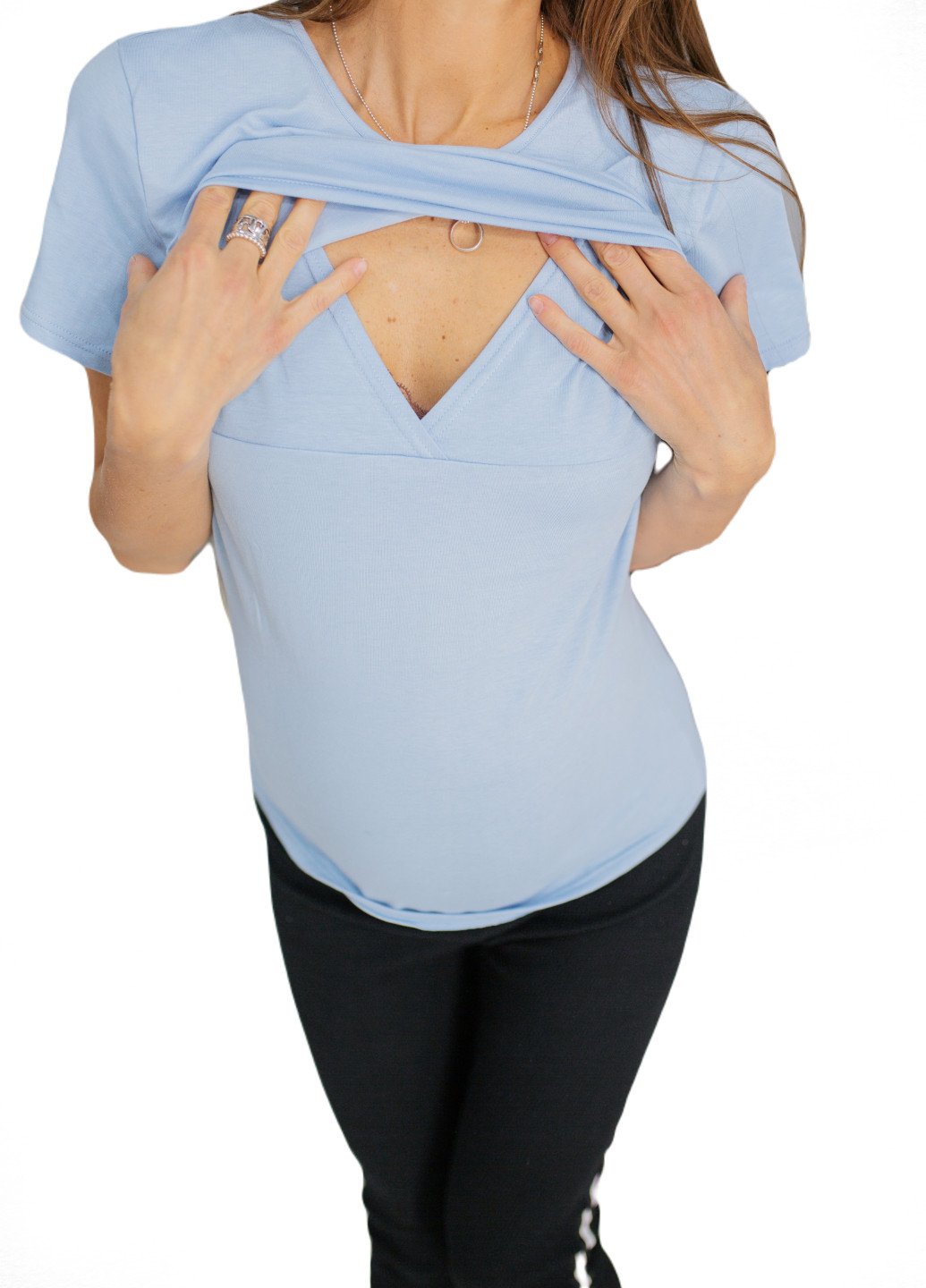 Голубая всесезон 8205 футболка для беременных с секретом для кормления голубая HN