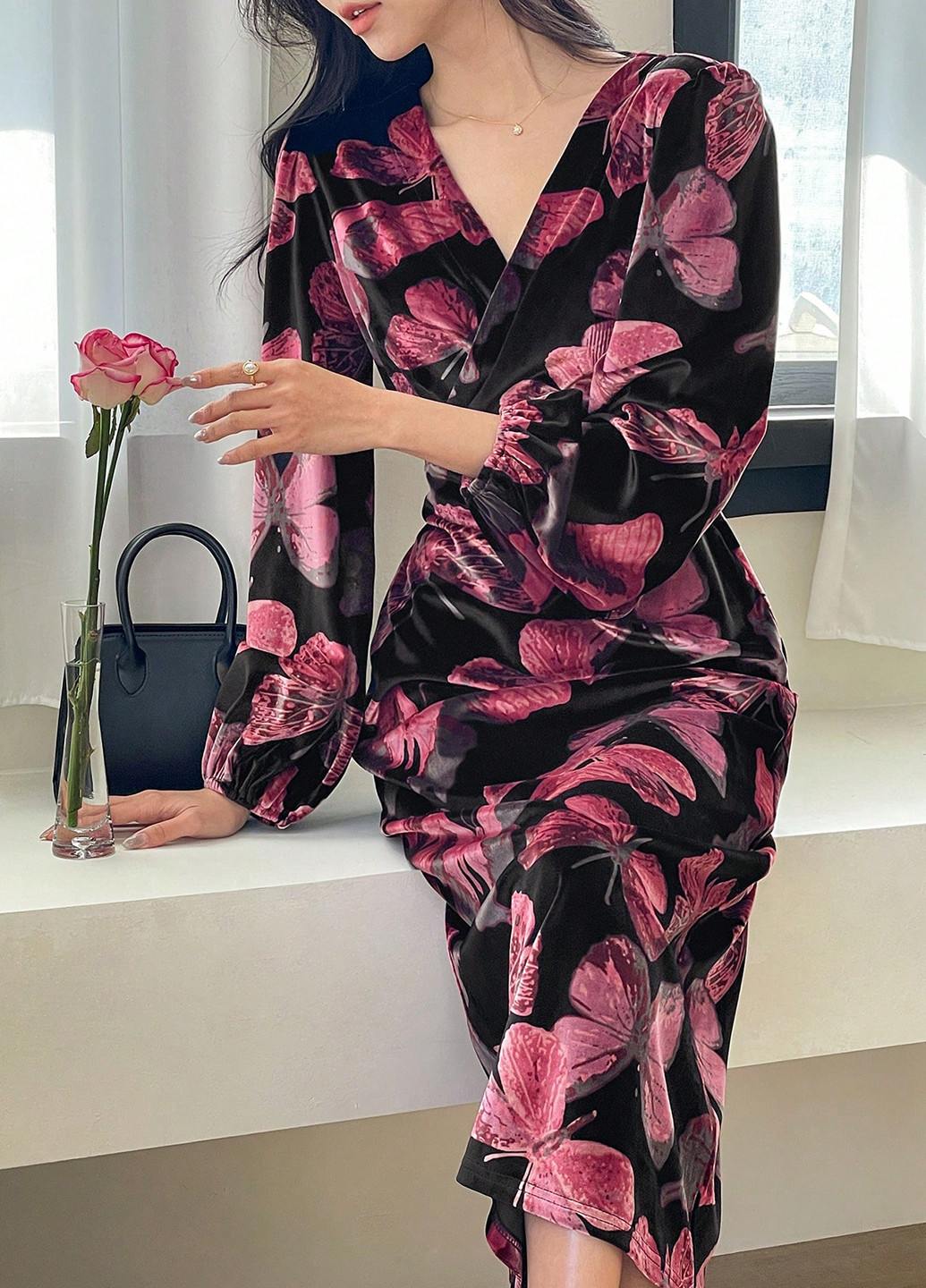 Черное кэжуал платье а-силуэт SHEIN бабочки