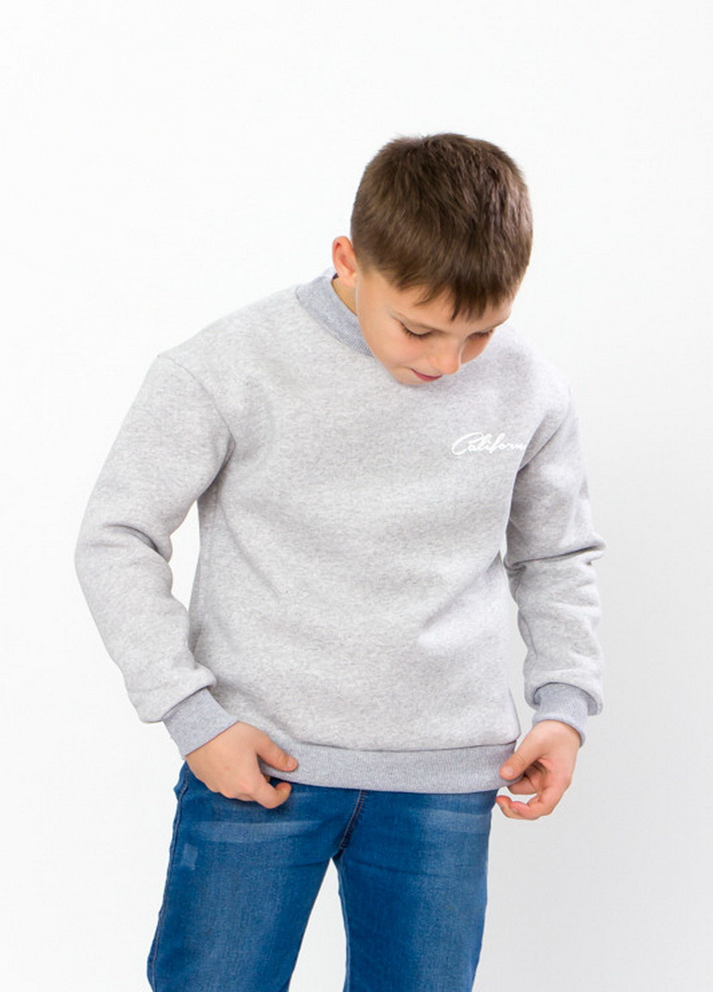 KINDER MODE свитшот для мальчика (подростковый) однотонный серый спортивный хлопок