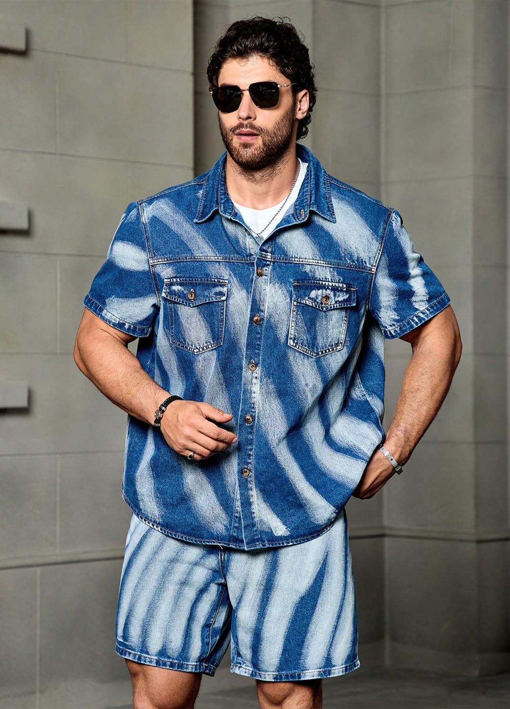 Блакитний літній костюм (сорочка, шорти) з шортами, з сорочкою SHEIN