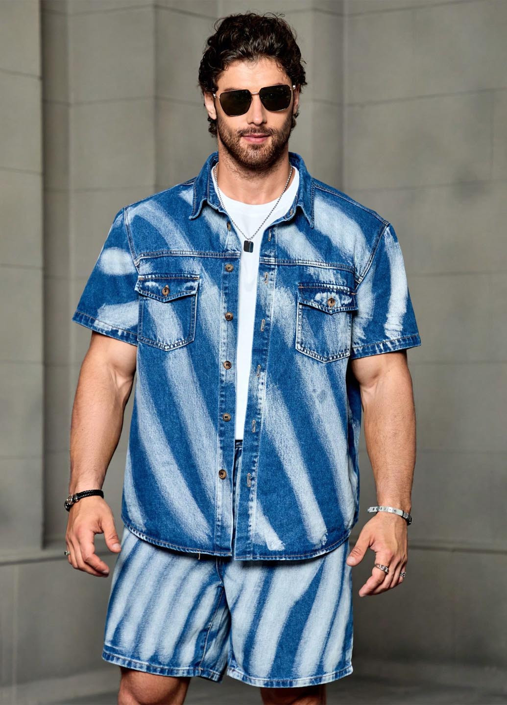 Блакитний літній костюм (сорочка, шорти) з шортами, з сорочкою SHEIN