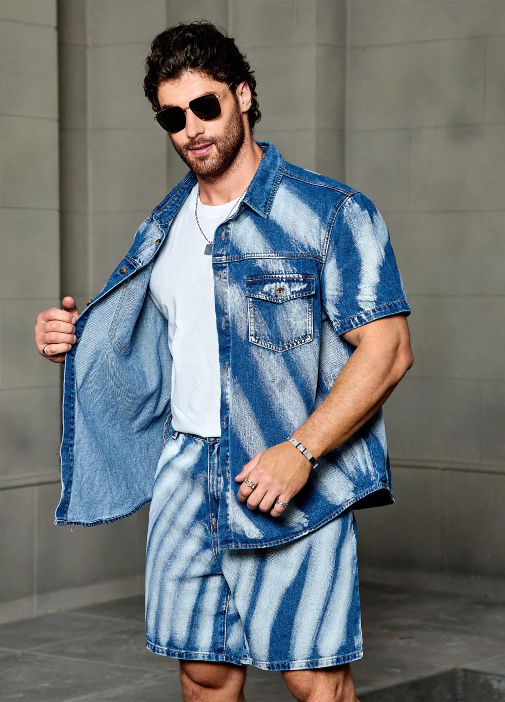 Блакитний літній костюм (сорочка, шорти) з шортами, з сорочкою SHEIN