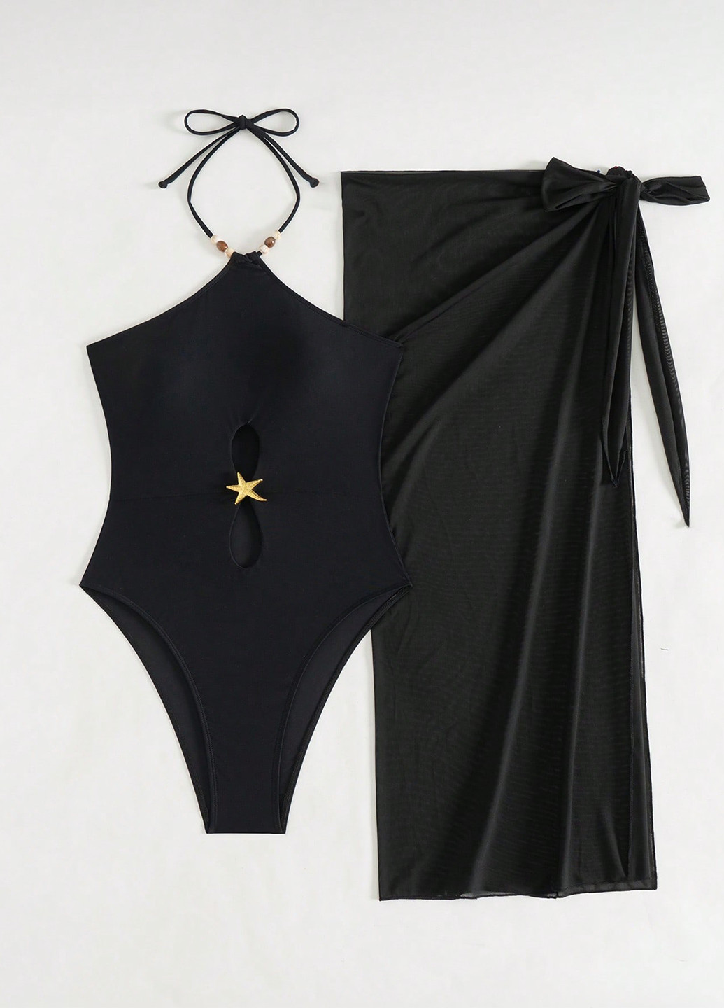 Чорний демісезонний к0мплект (купальник, парео) суцільний, халтер SHEIN