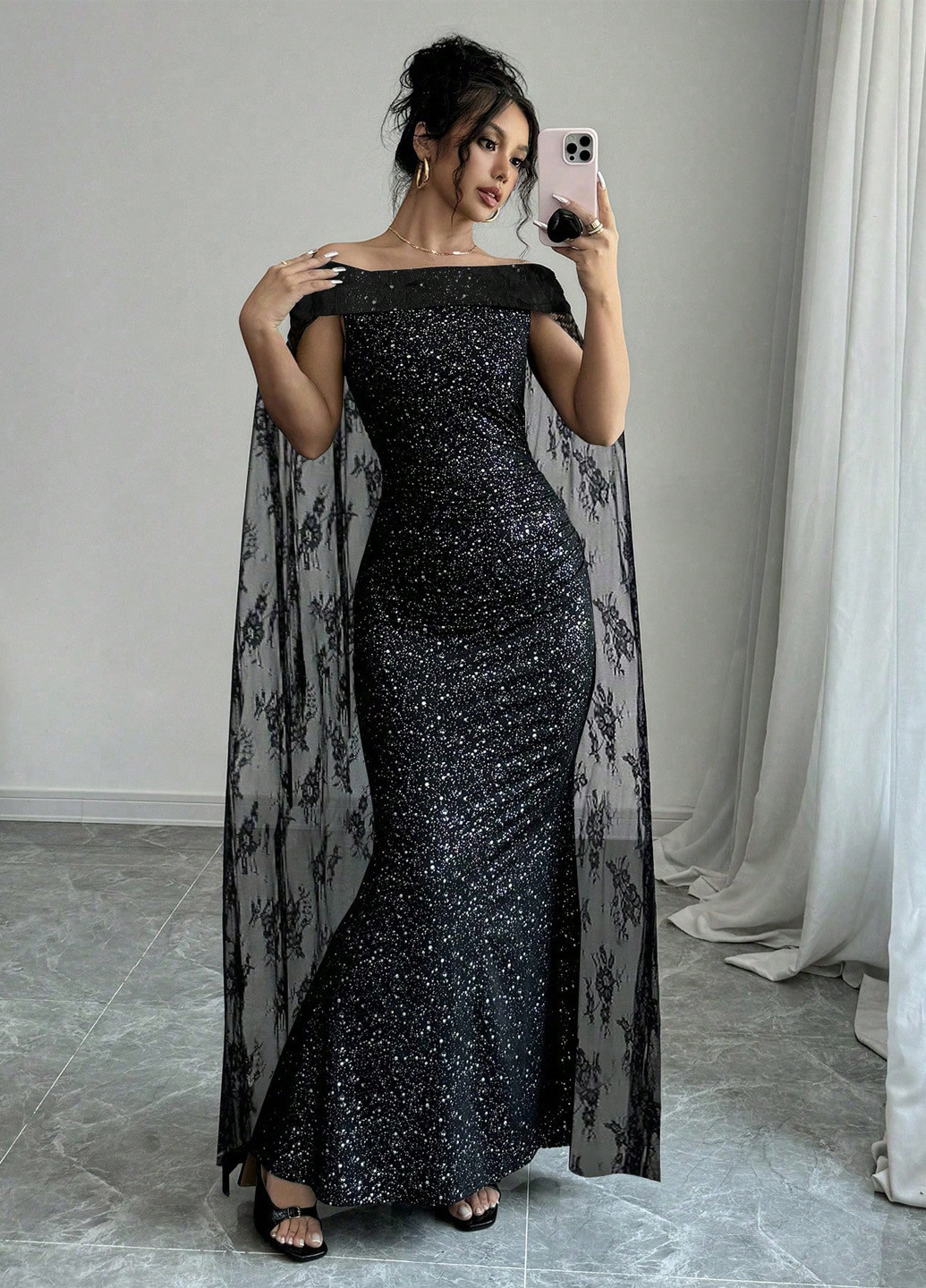 Чорна вечірня сукня зі шлейфом SHEIN однотонна