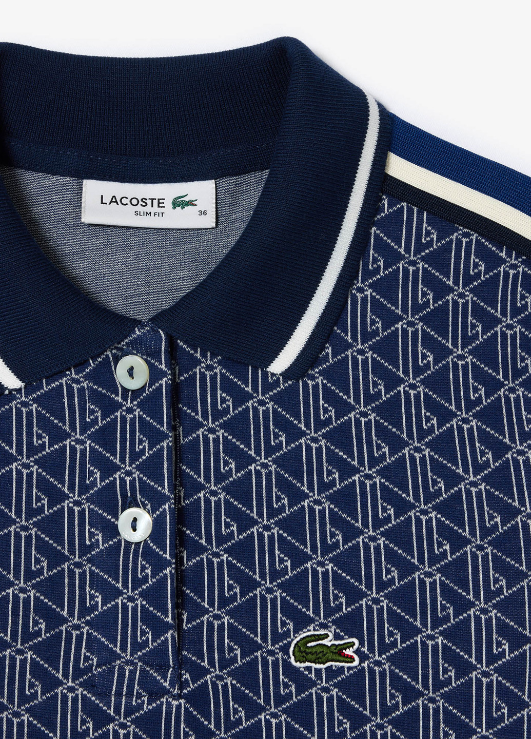 Синяя женская футболка-поло Lacoste с геометрическим узором