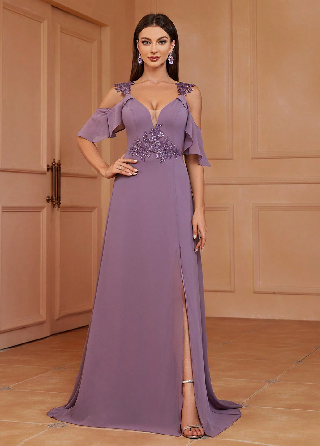 Сиреневое вечернее платье а-силуэт, с открытыми плечами SHEIN однотонное