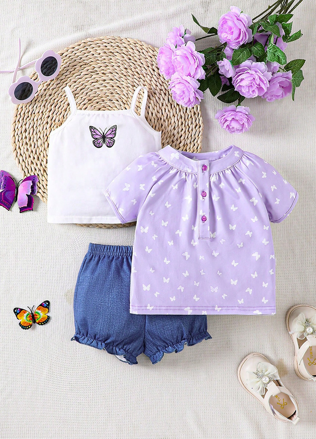 Комбинированный летний костюм (блуза, майка, шорты) SHEIN