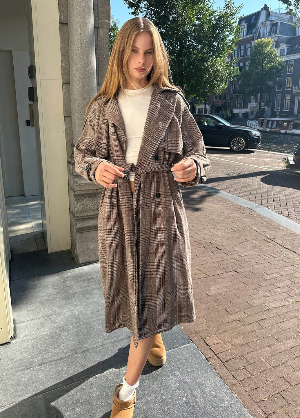 Коричневе демісезонне Пальто двобортне SHEIN