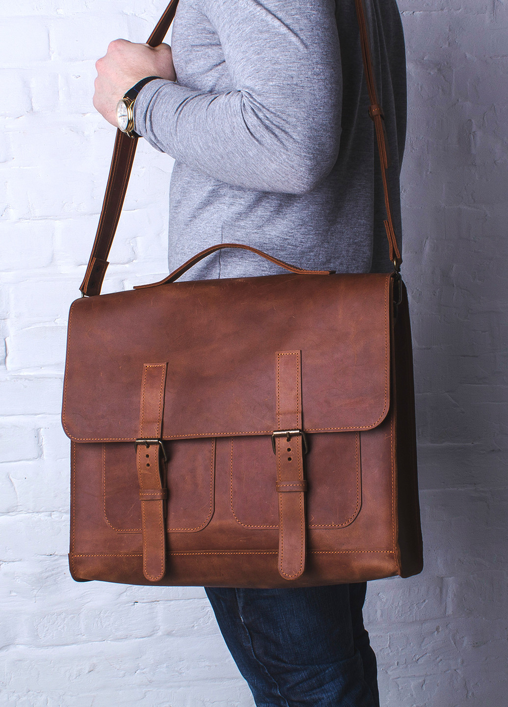 Практичная мужская сумка для документов или ноутбука ручной работы из винтажной натуральной кожи коньячного цвета Boorbon (253449138)