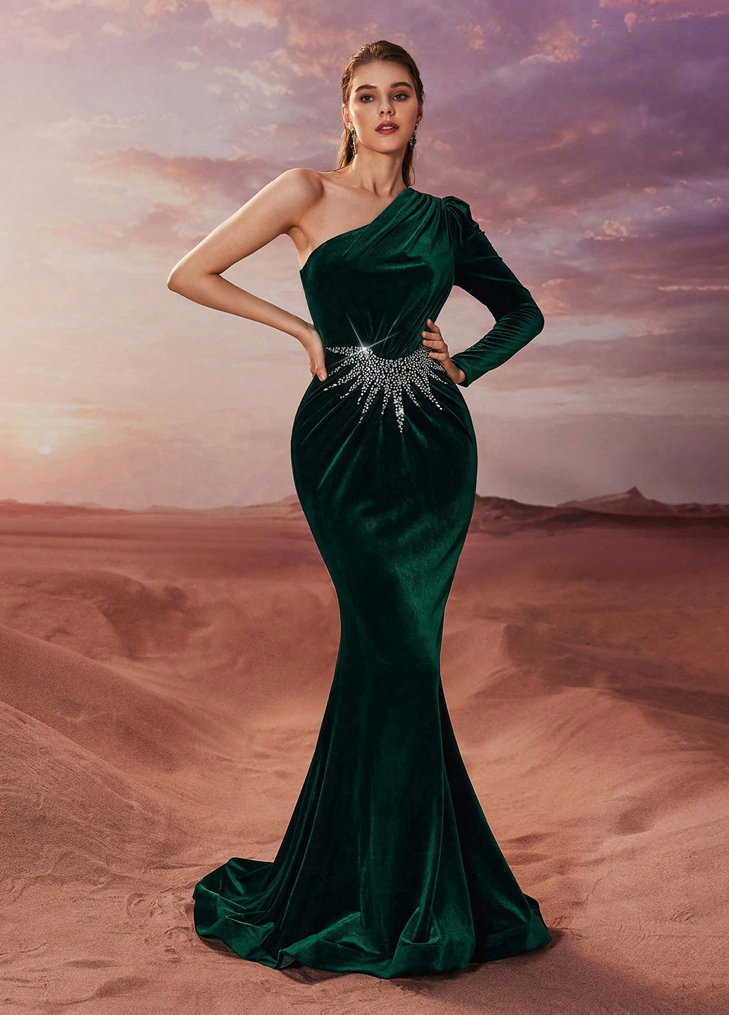 Темно-зеленое вечернее платье годе SHEIN однотонное