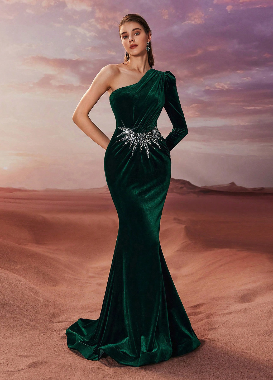 Темно-зеленое вечернее платье годе SHEIN однотонное