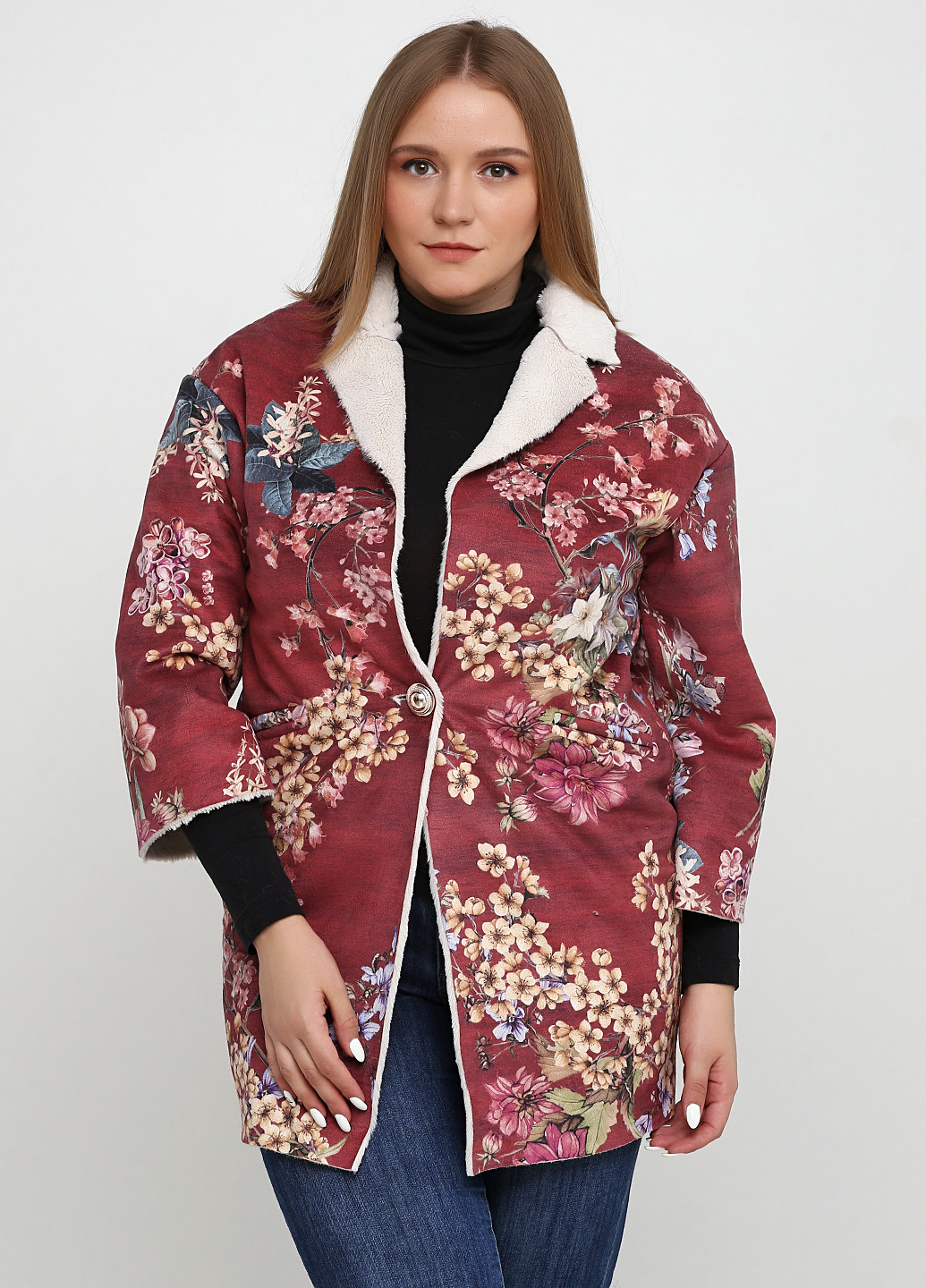 Бордовое Кэжуал пальто UNO с цветочным узором