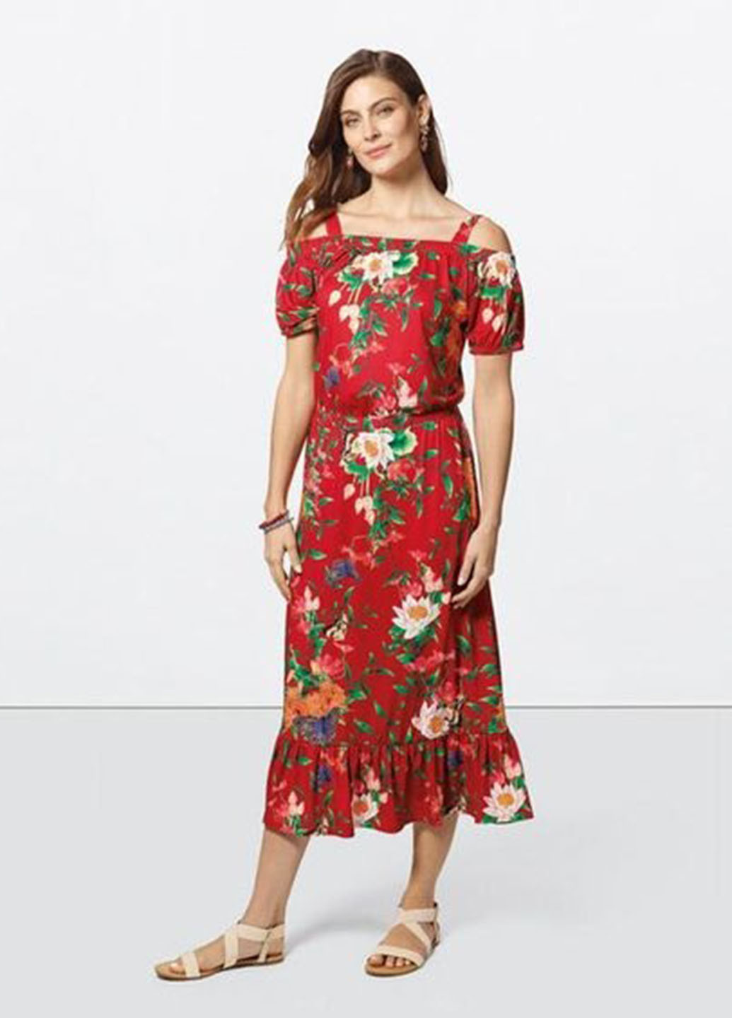 Красное кэжуал платье с открытыми плечами Avon с цветочным принтом