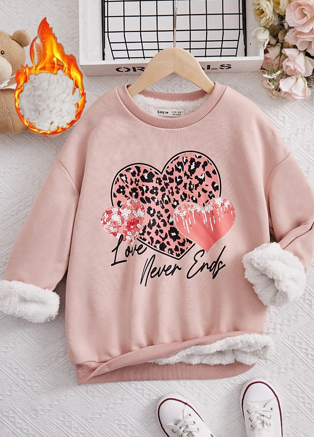 SHEIN свитшот сердечки светло-розовый кэжуал полиэстер