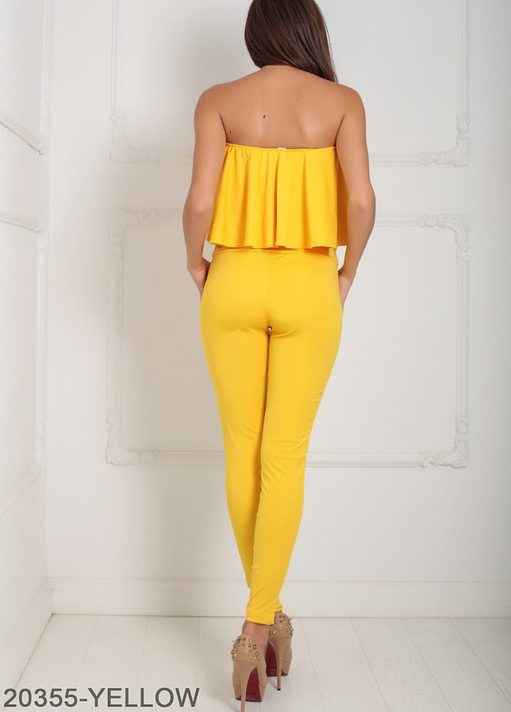 Эффектный приталенный комбинезон с открытыми плечами и баской Marie Жёлтый Podium однотонный жёлтый кэжуал