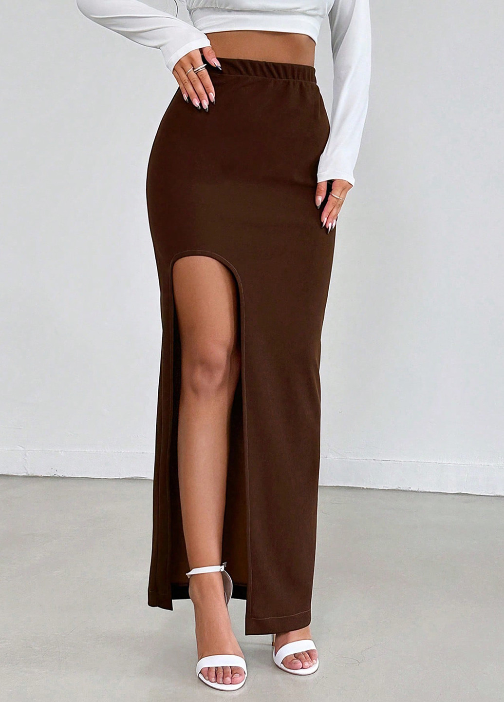 Коричневая кэжуал однотонная юбка SHEIN карандаш