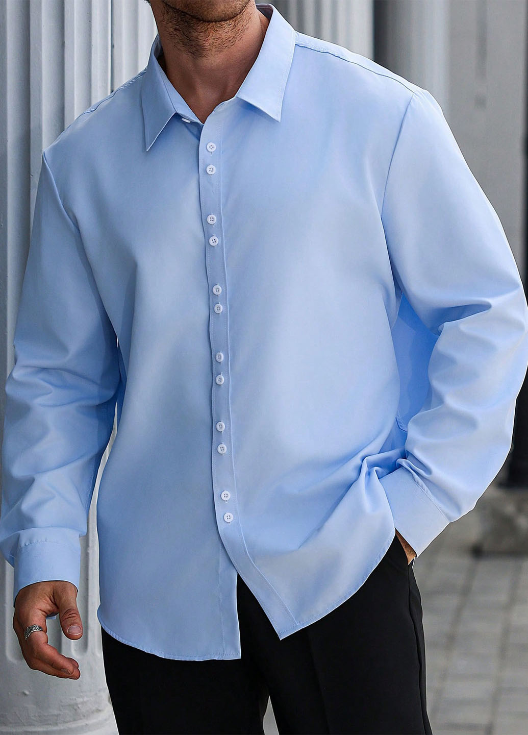 Голубой классическая, кэжуал рубашка однотонная SHEIN