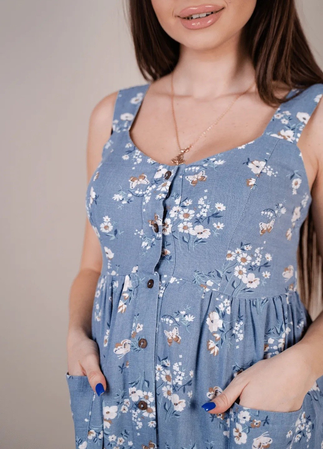 женский летний легкий хлопковый сарафан для беременных, будущих мам синий To Be в цветочек
