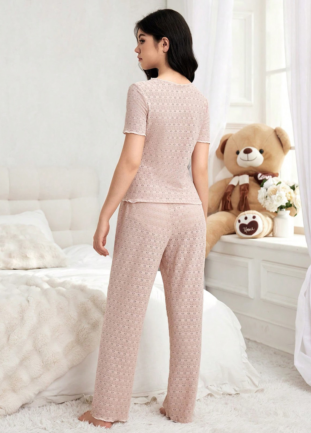 Пудровая всесезон пижама (футболка, брюки) футболка + брюки SHEIN