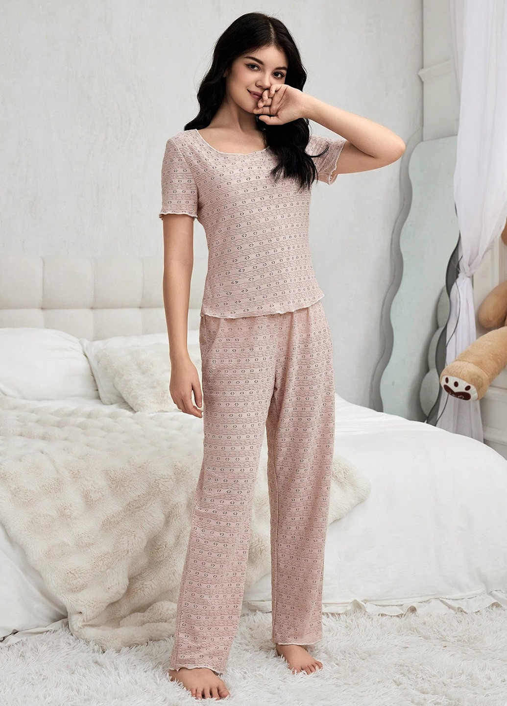 Пудровая всесезон пижама (футболка, брюки) футболка + брюки SHEIN