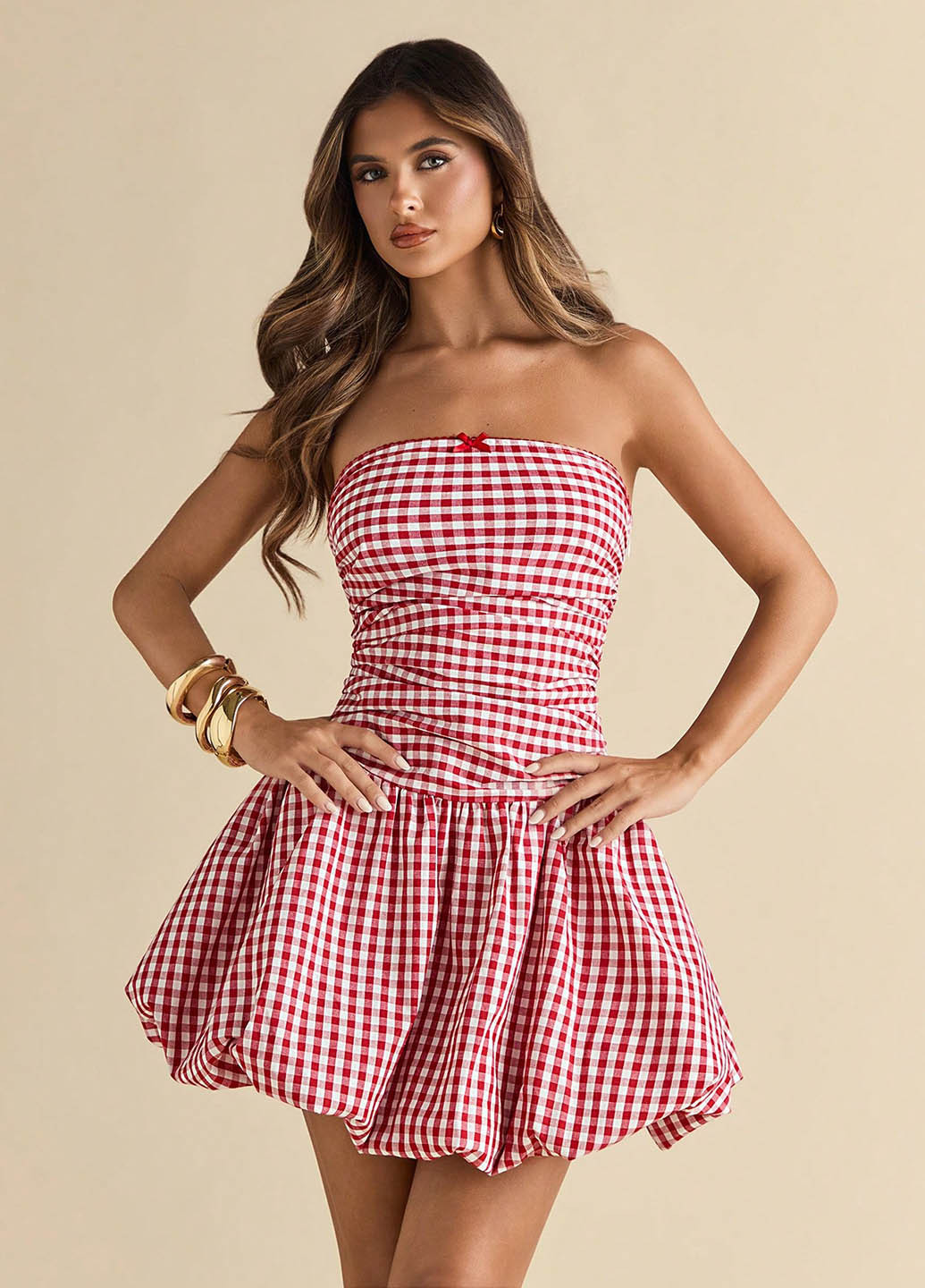Червона коктейльна, кежуал сукня бандо, балон SHEIN в клітинку