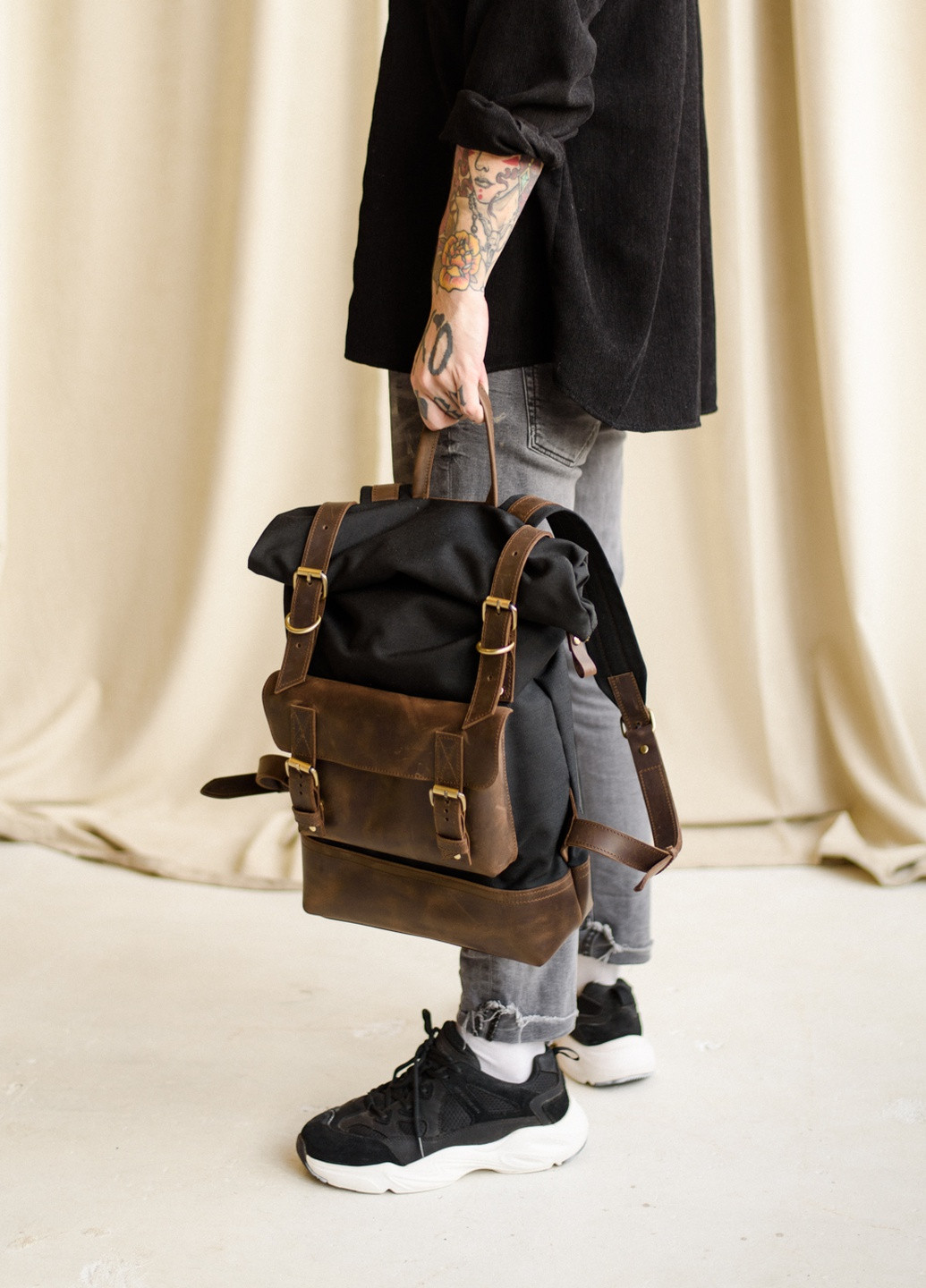Функциональный рюкзак ручной работы из хлопка и натуральной винтажной кожи коричневого цвета Boorbon (253351913)