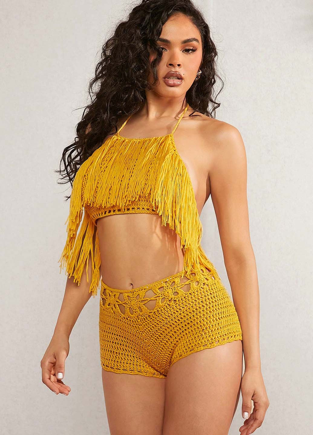 Горчичный летний комплект (топ, шорты) SHEIN