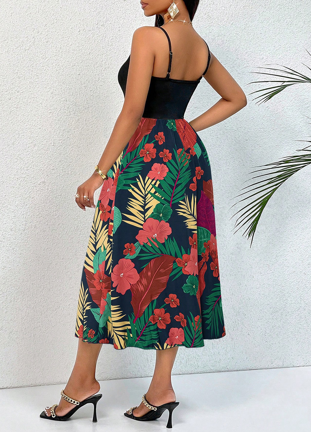 Чорна святковий, пляжна, кежуал сукня а-силует, з відкритою спиною SHEIN з квітковим принтом