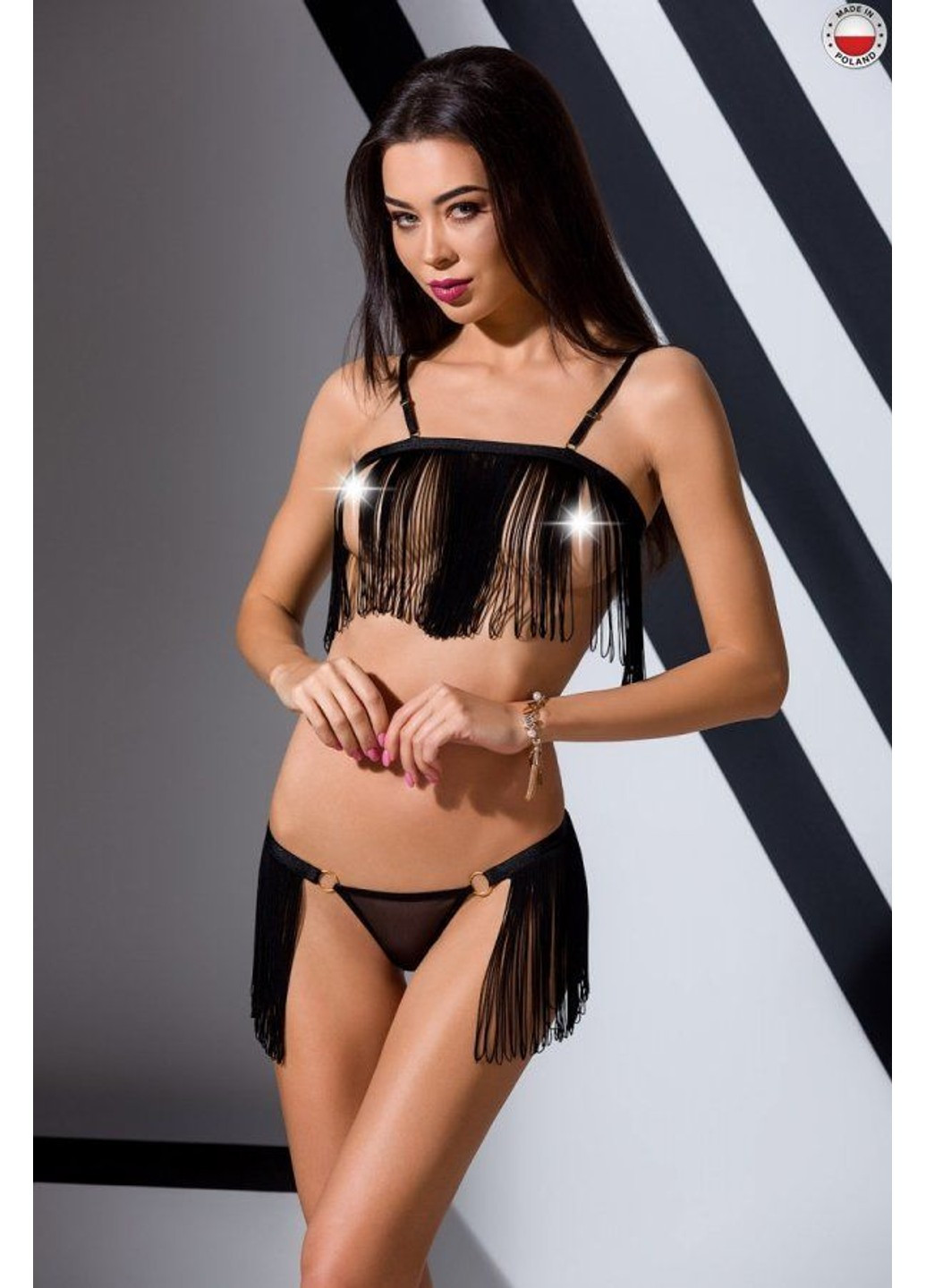 Комплект білизни KASSANDRA SET OpenBra black XXL/3XL - Exclusive: ліф з бахроми, трусики-спі Passion (255459049)