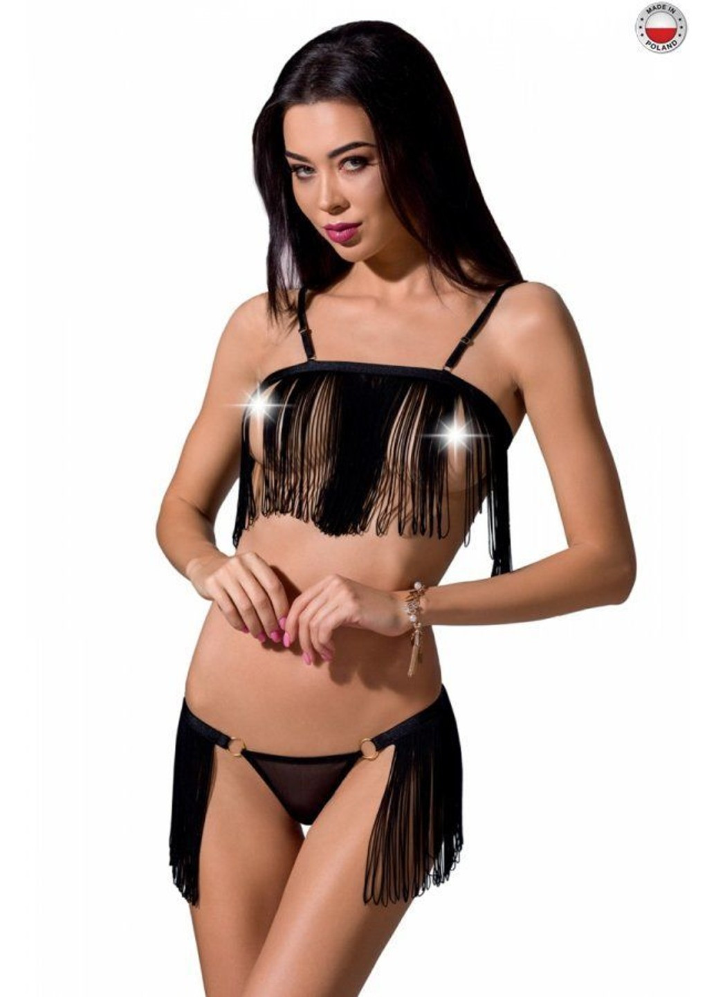 Комплект білизни KASSANDRA SET OpenBra black XXL/3XL - Exclusive: ліф з бахроми, трусики-спі Passion (255459049)