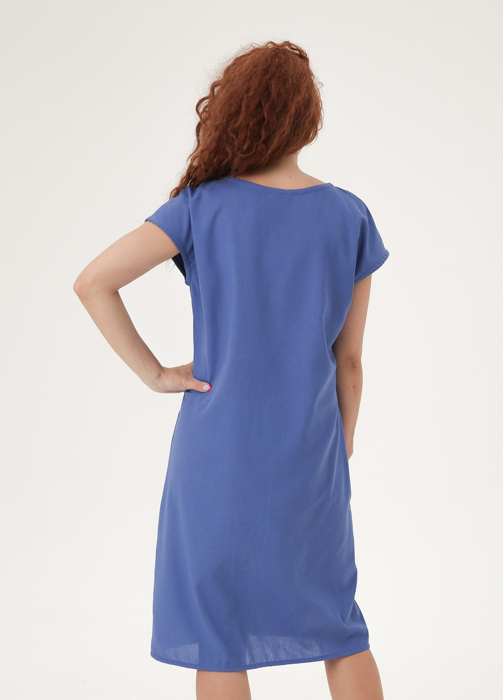 Синя кежуал льняна пряма сукня з вишивкою "літні кульбаби". INNOE однотонна