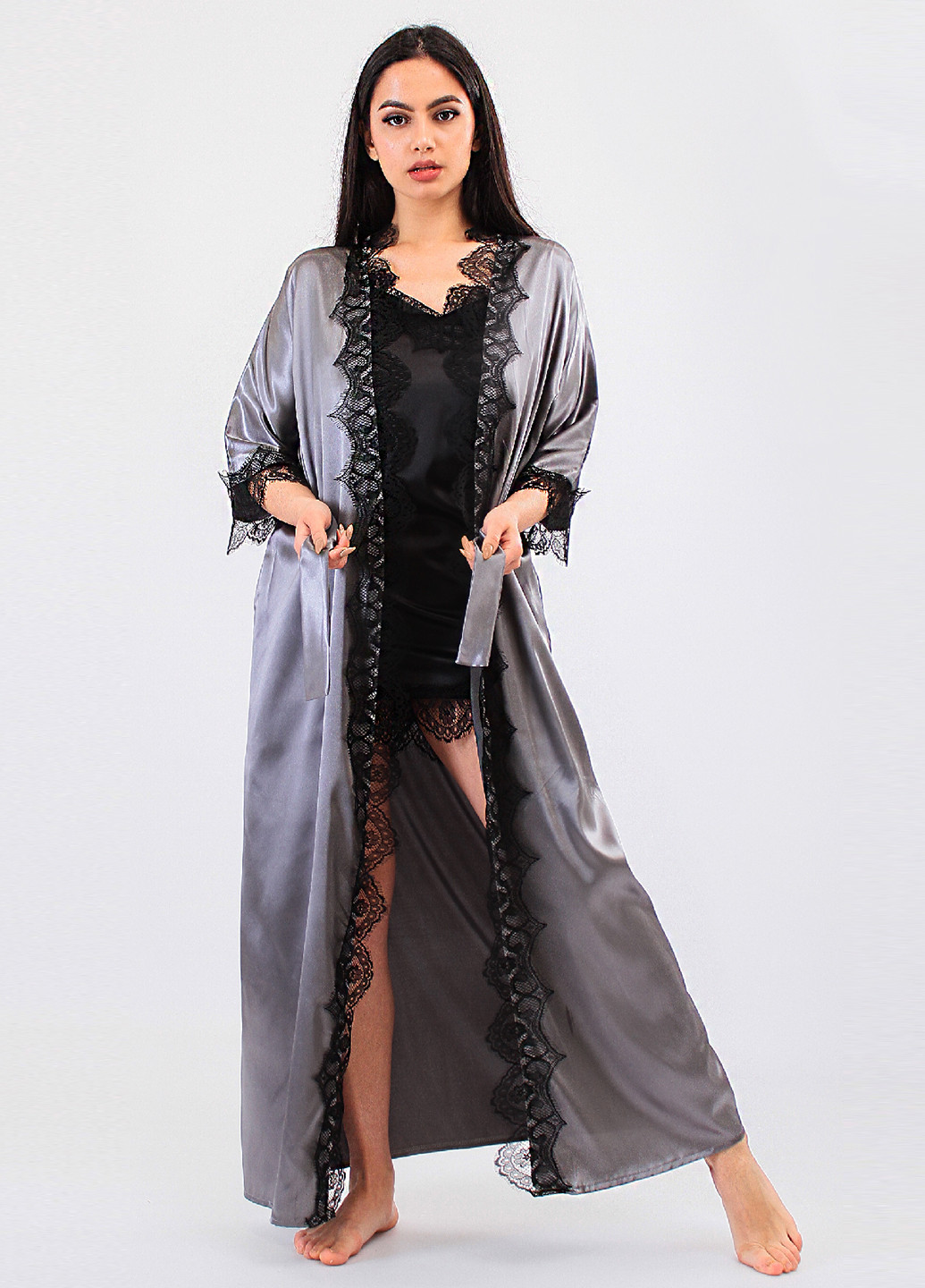 Серый демисезонный комплект (ночная рубашка, халат) Ghazel