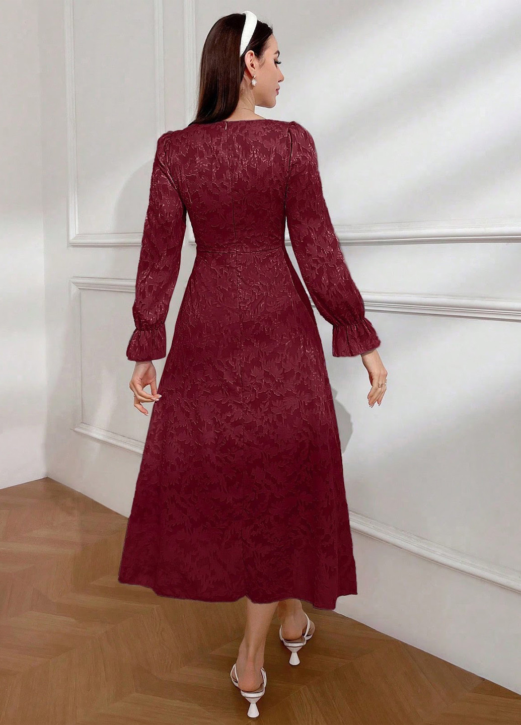 Бордовое праздничный, вечернее платье клеш SHEIN с абстрактным узором