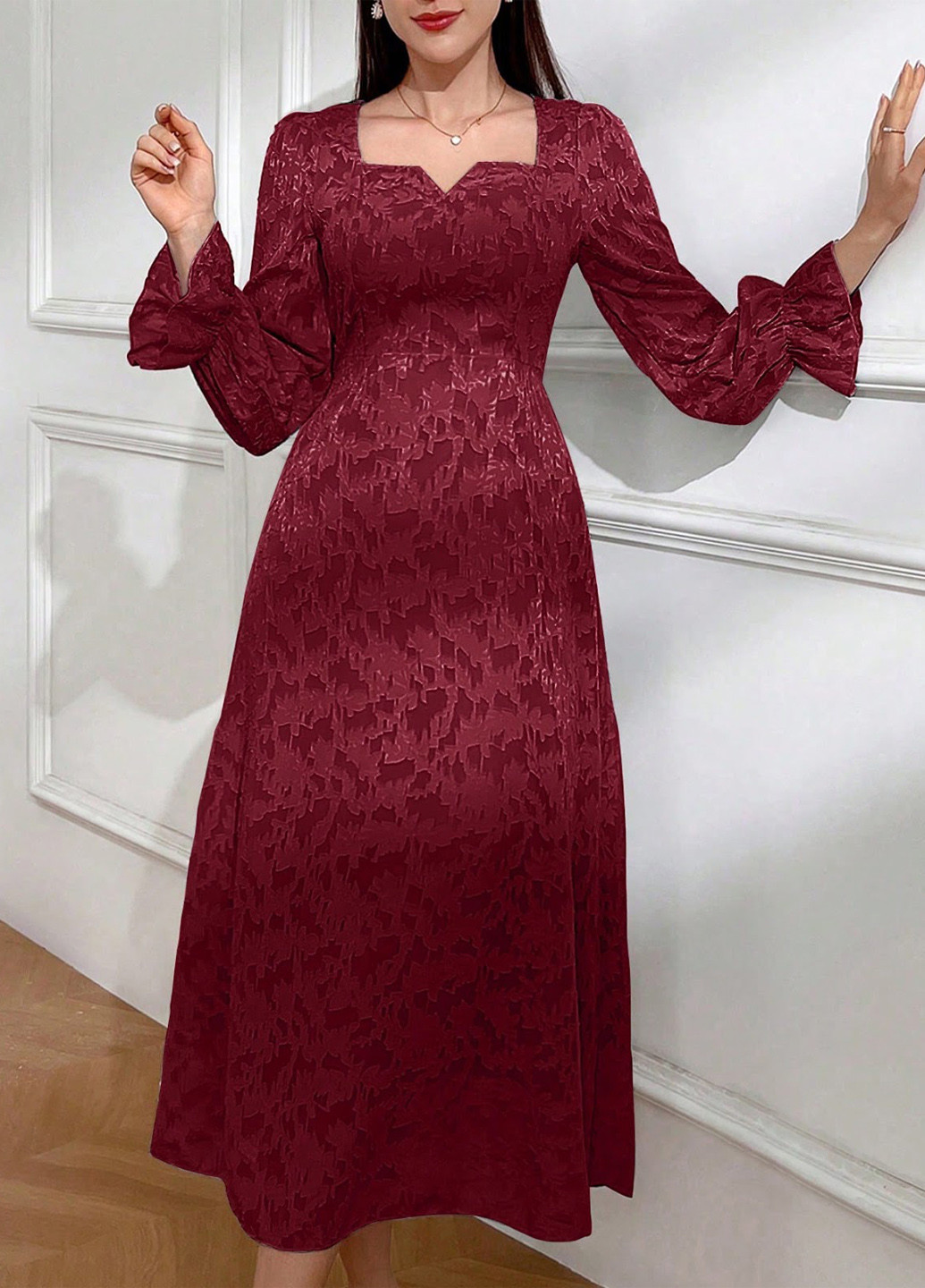 Бордовое праздничный, вечернее платье клеш SHEIN с абстрактным узором