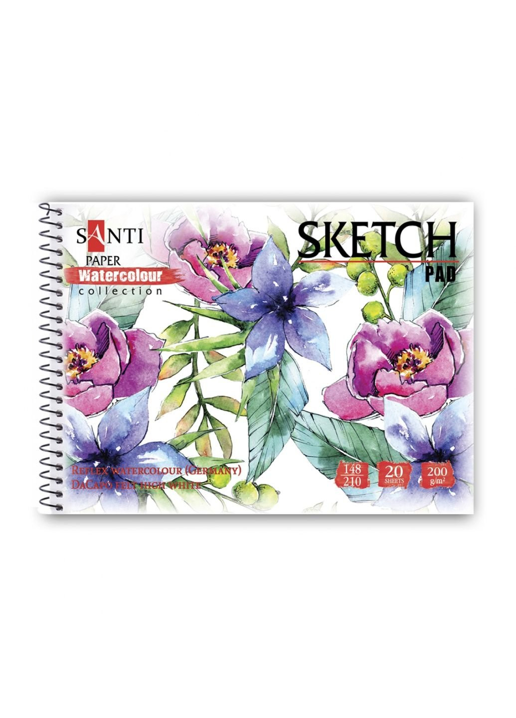 Альбом для малювання А5 для акварелі Flowers, 20 аркушів (130497) Santi (254067397)
