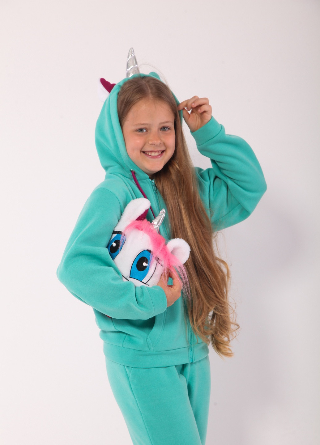 Бірюзовий демісезонний дитячий спортивний трикотажний костюм-трансформер з іграшкою єдиноріг дівчинка бірюзовий 104-140 4-11 років Zabavka