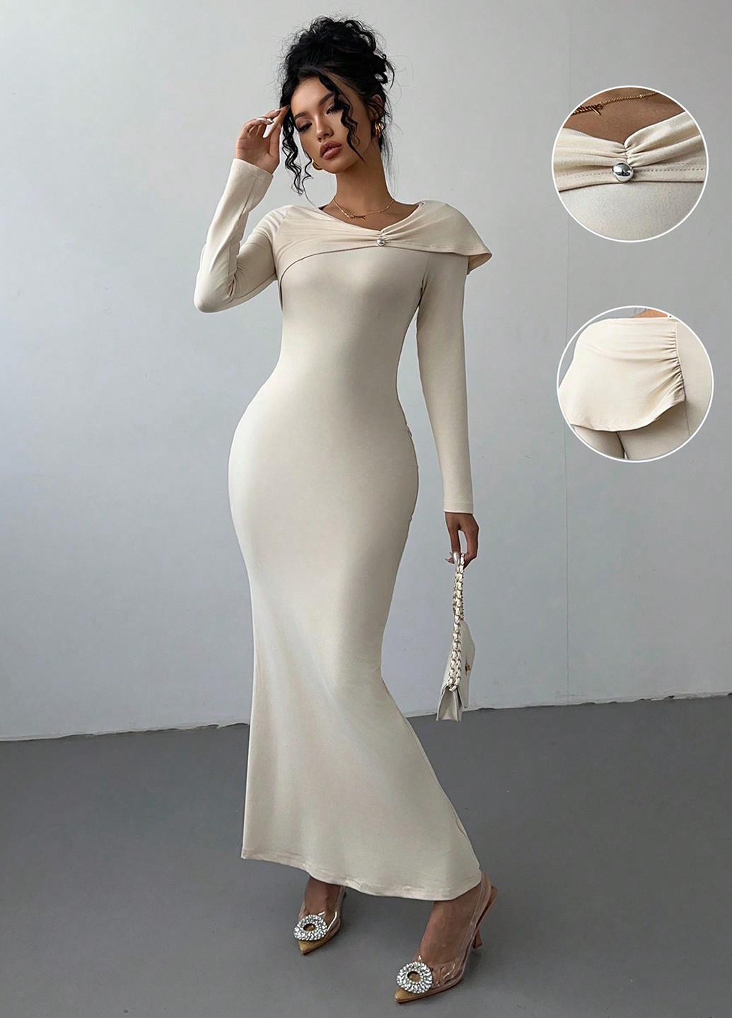 Светло-бежевое вечернее, праздничный платье годе SHEIN однотонное
