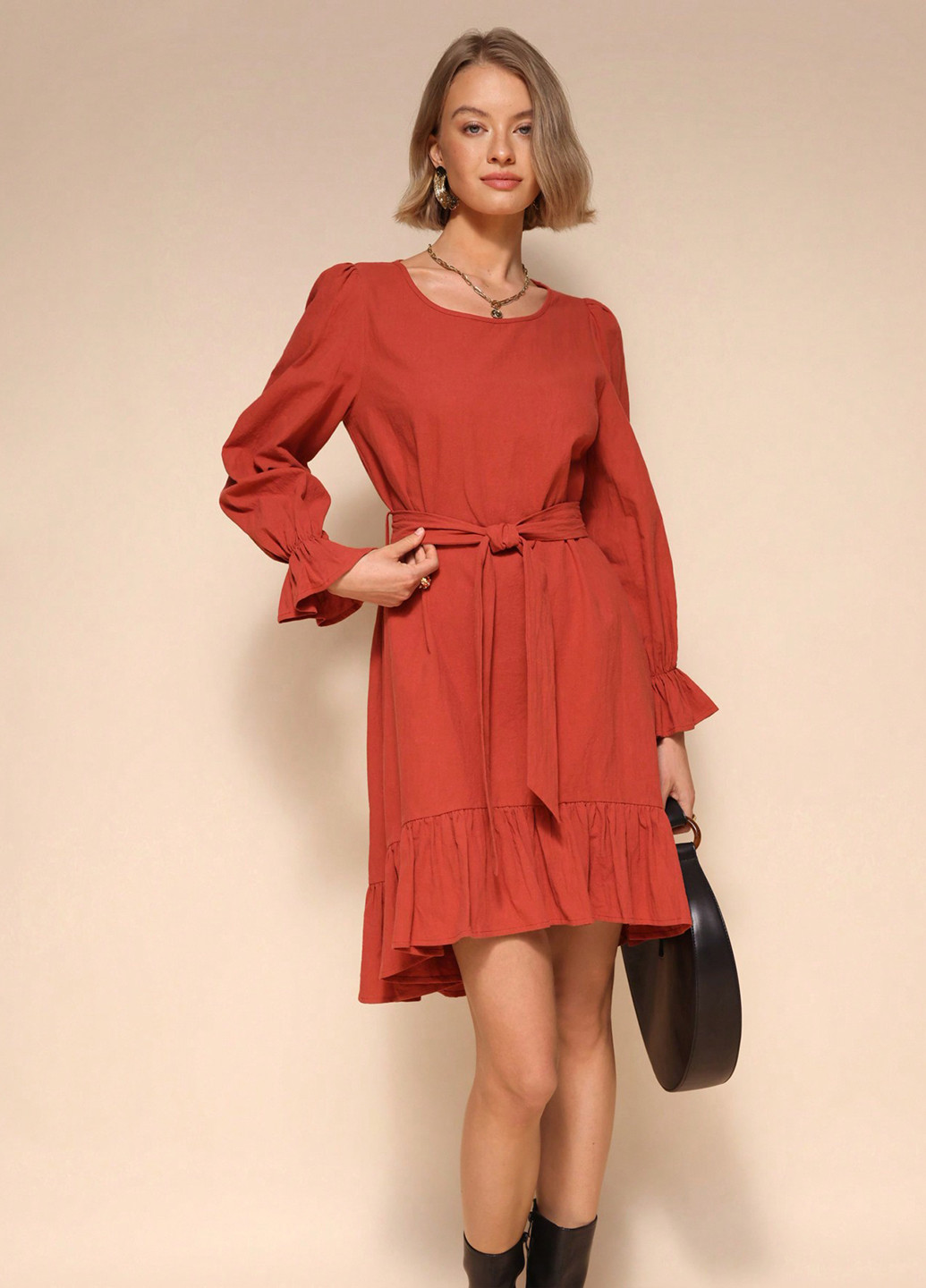 Терракотовое кэжуал платье а-силуэт SHEIN однотонное