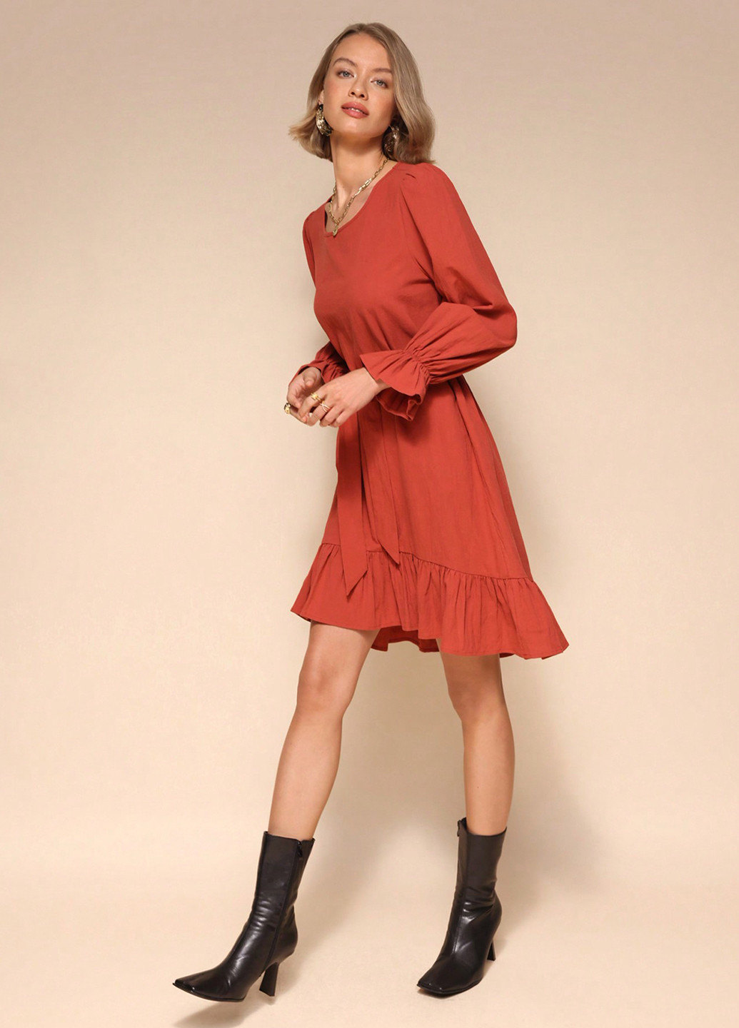 Терракотовое кэжуал платье а-силуэт SHEIN однотонное