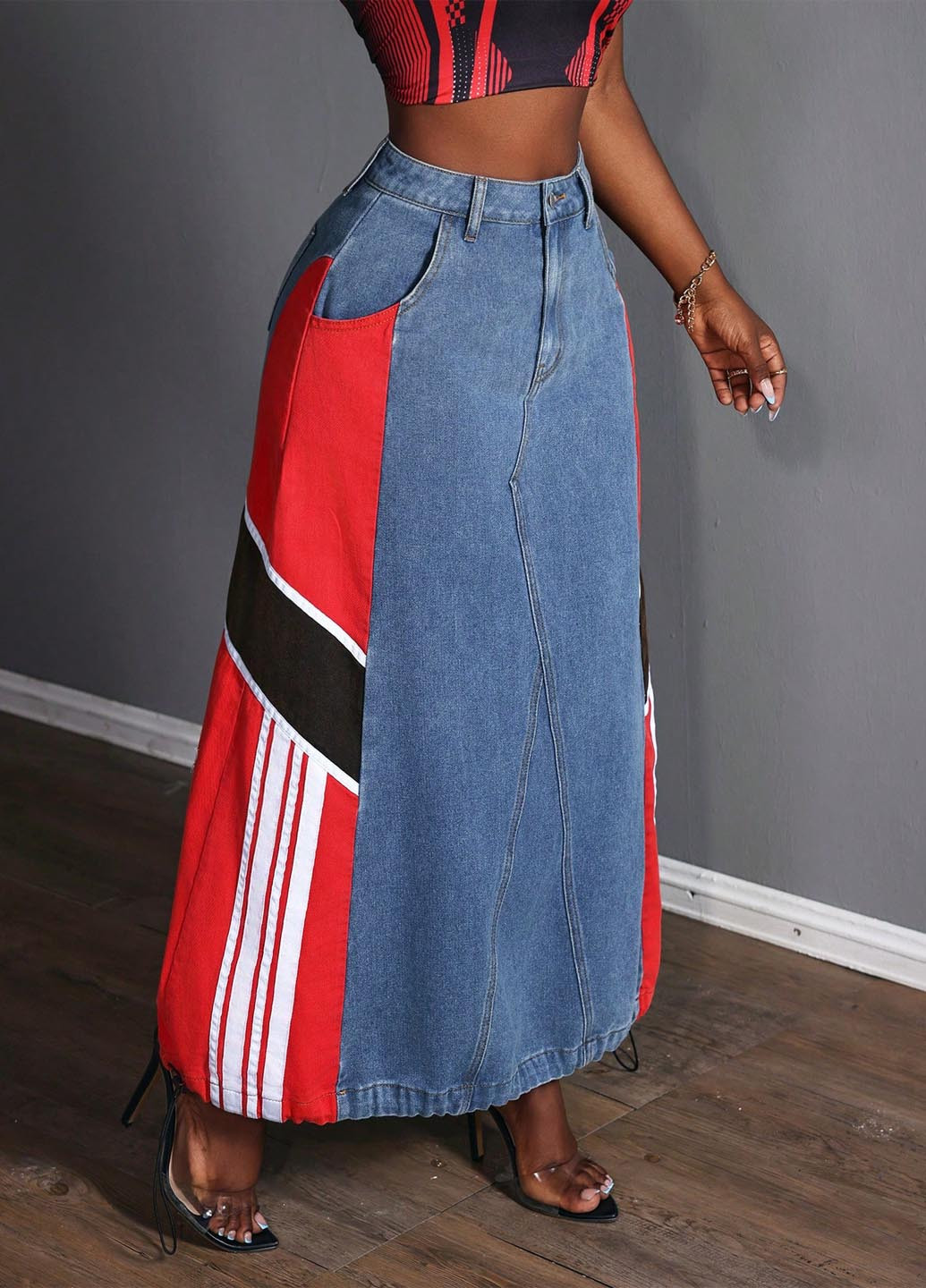 Разноцветная джинсовая, кэжуал колор блок юбка SHEIN а-силуэта (трапеция)