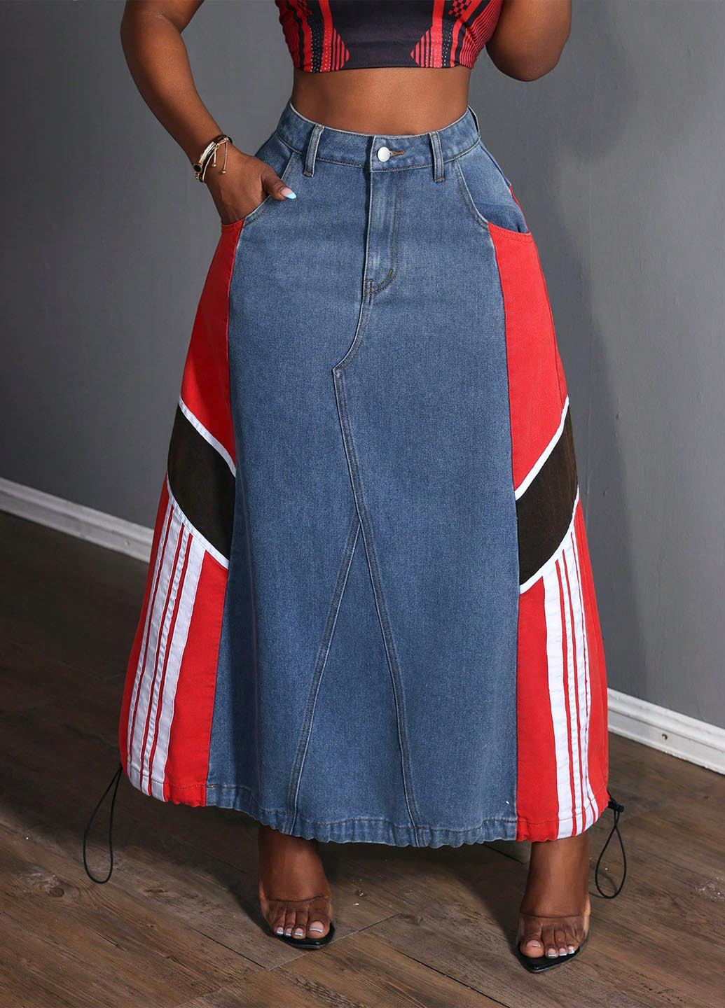 Разноцветная джинсовая, кэжуал колор блок юбка SHEIN а-силуэта (трапеция)