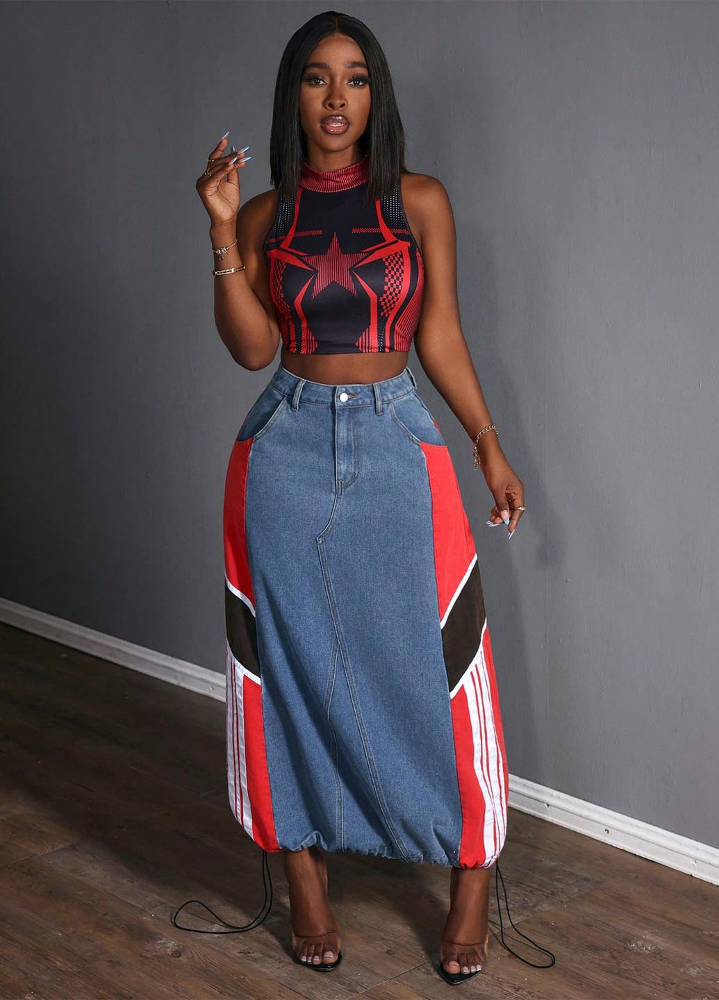 Разноцветная джинсовая, кэжуал колор блок юбка SHEIN а-силуэта (трапеция)