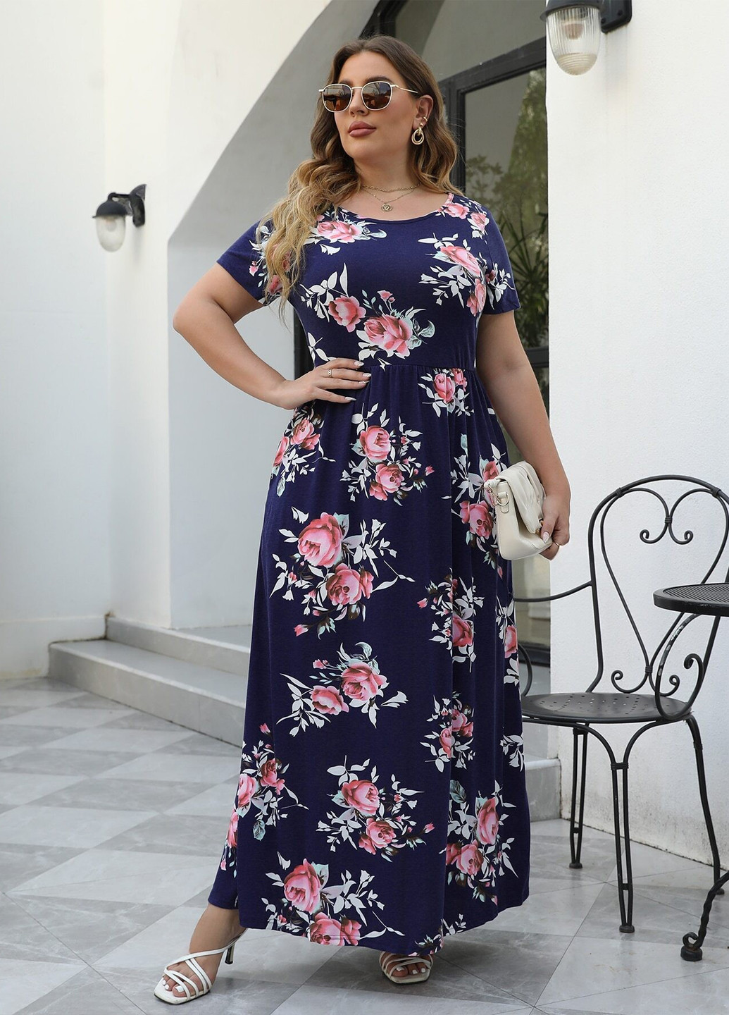 Темно-синее кэжуал платье клеш SHEIN розы