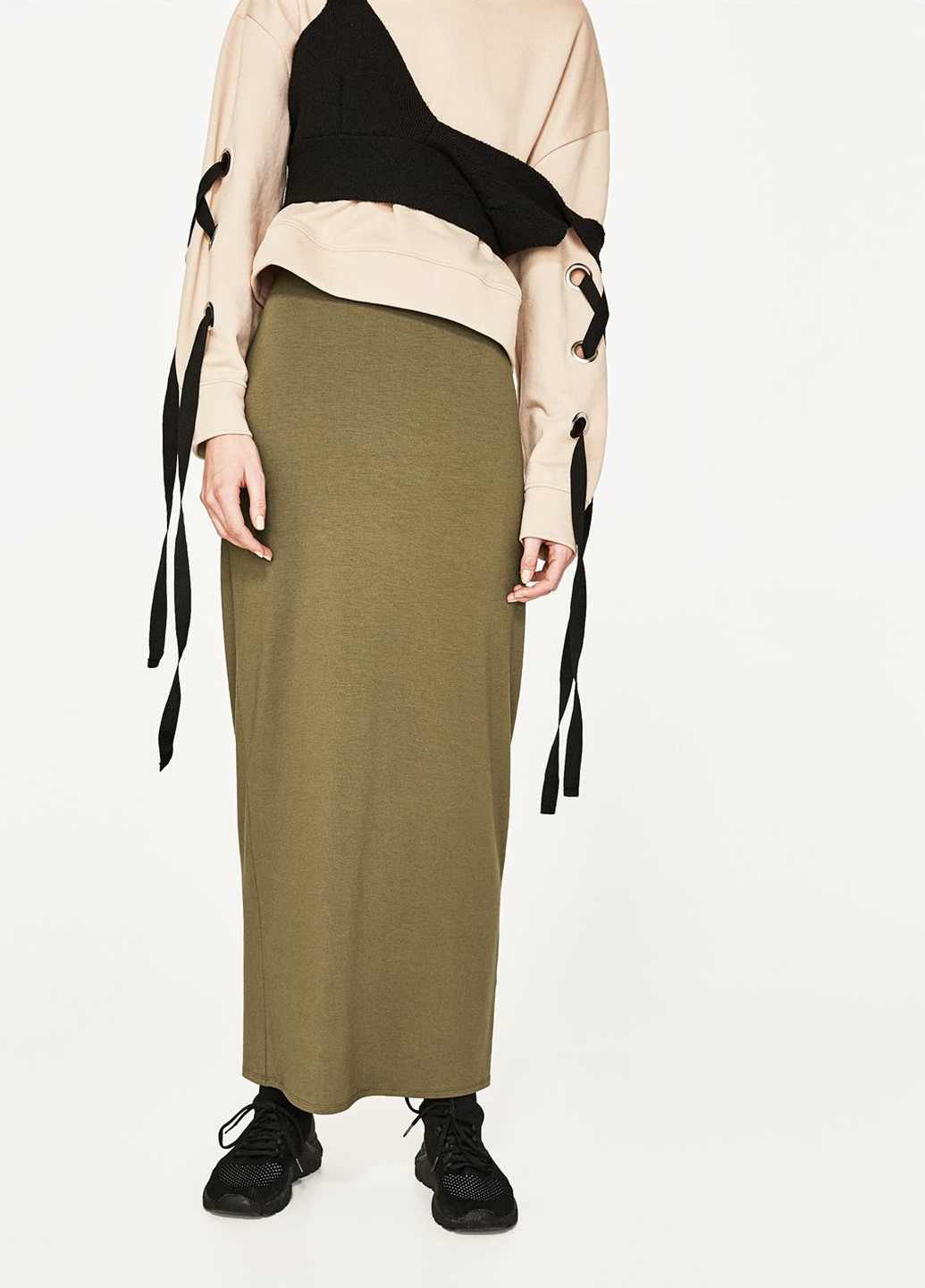 Оливковая (хаки) кэжуал однотонная юбка Zara макси