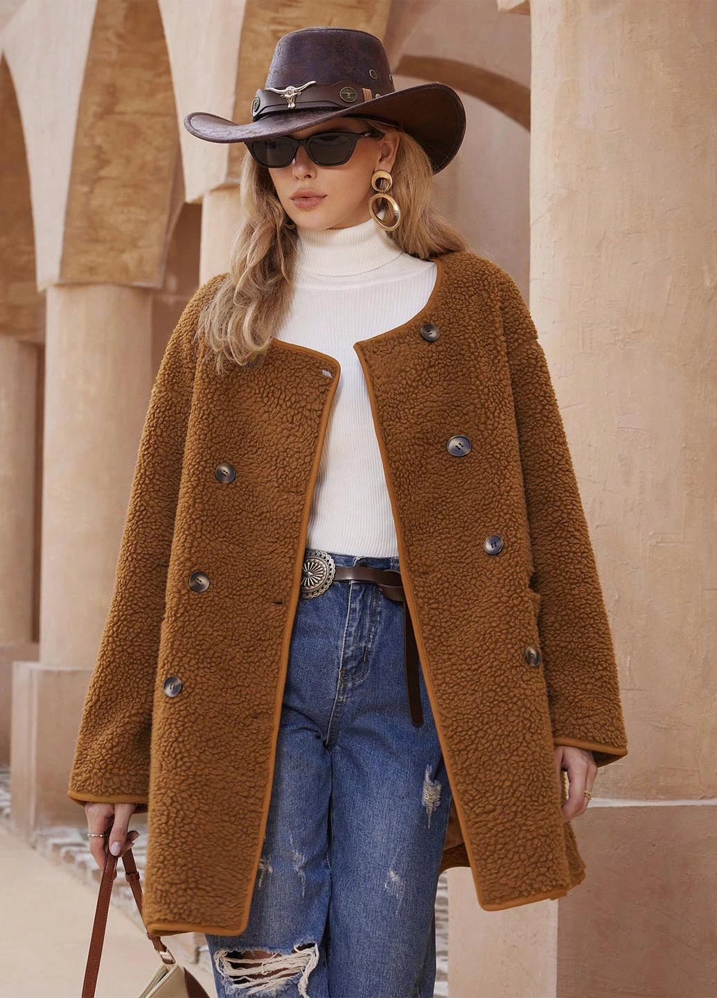 Коричневое демисезонное Пальто двубортное SHEIN